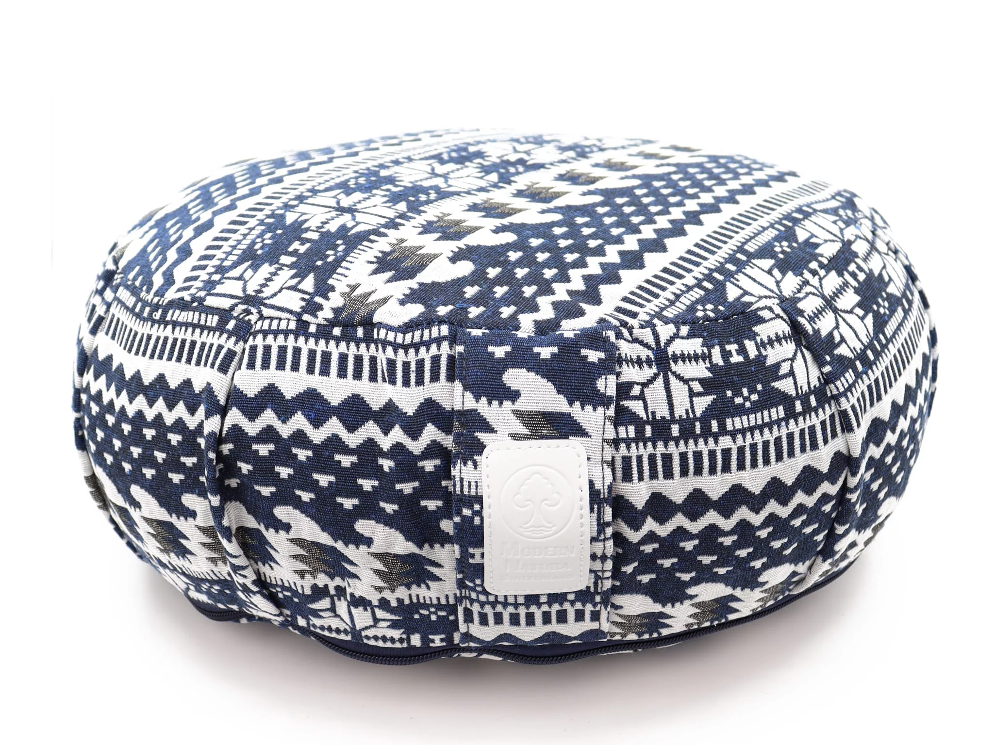 Cuscino yoga Blue Moon rotondo con fodera a motivi blu-bianchi
