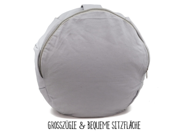 Mouse yoga cushion in light gray with large seat surface and full-length zipper from above