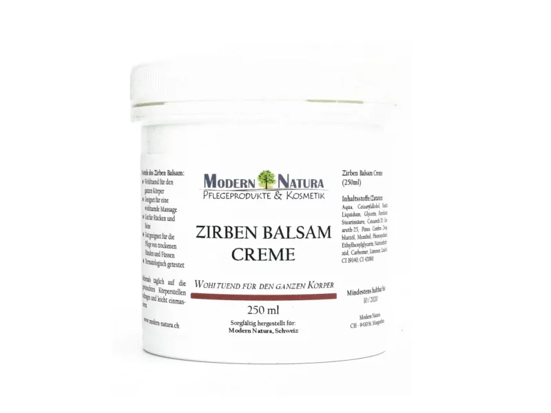 Zirben Balsam Creme im weissen Kunststofftiegel mit Schraubdeckel und sichtbarer Produktetikette