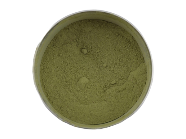 Cure de boisson à l'argile curative Fangodrink Balance sous forme de poudre verte dans le pot ouvert vu de dessus