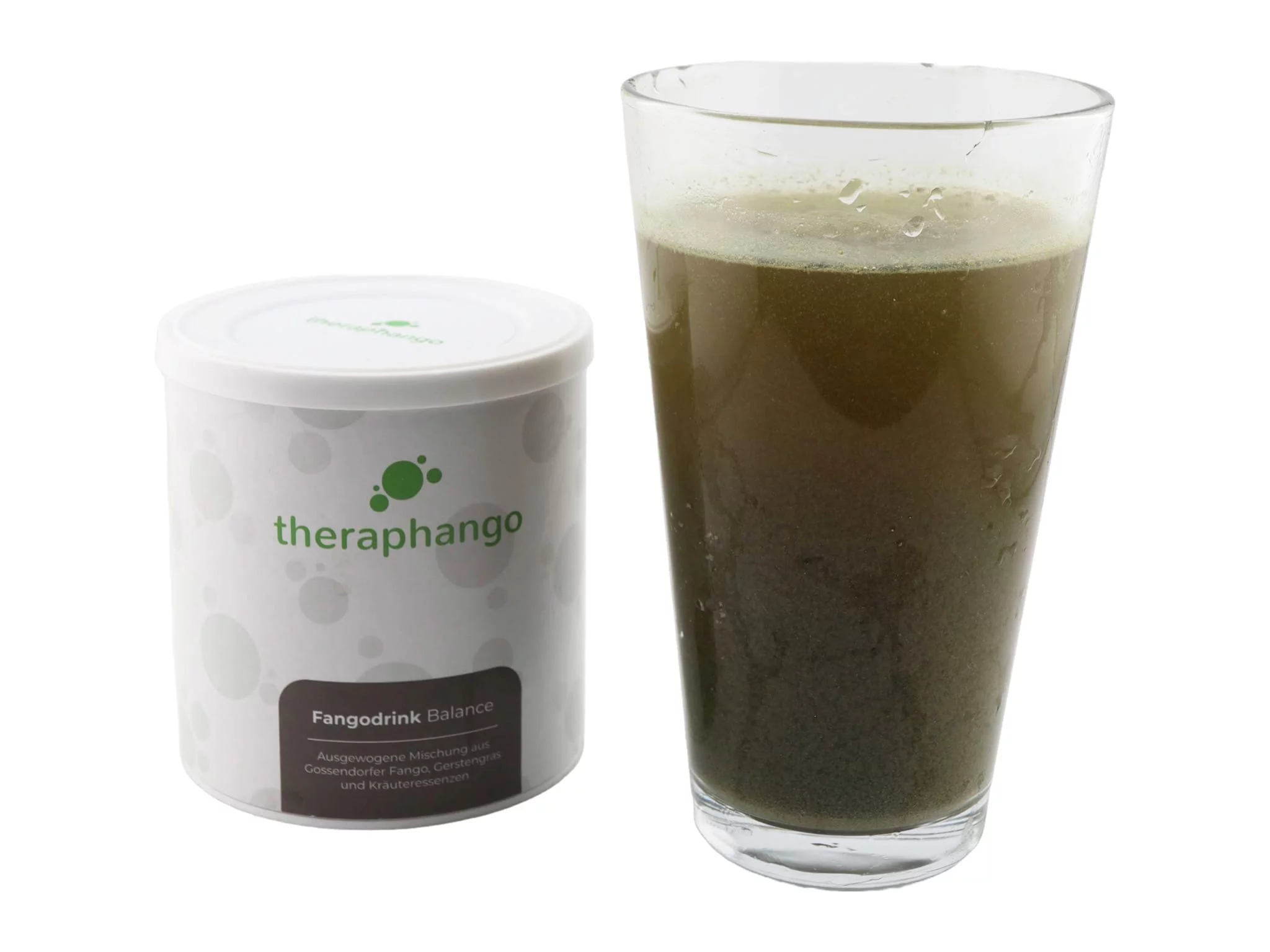 Fangodrink Balance Heilerde-Trinkkur neben einem Glas mit angerührtem grünem Getränk