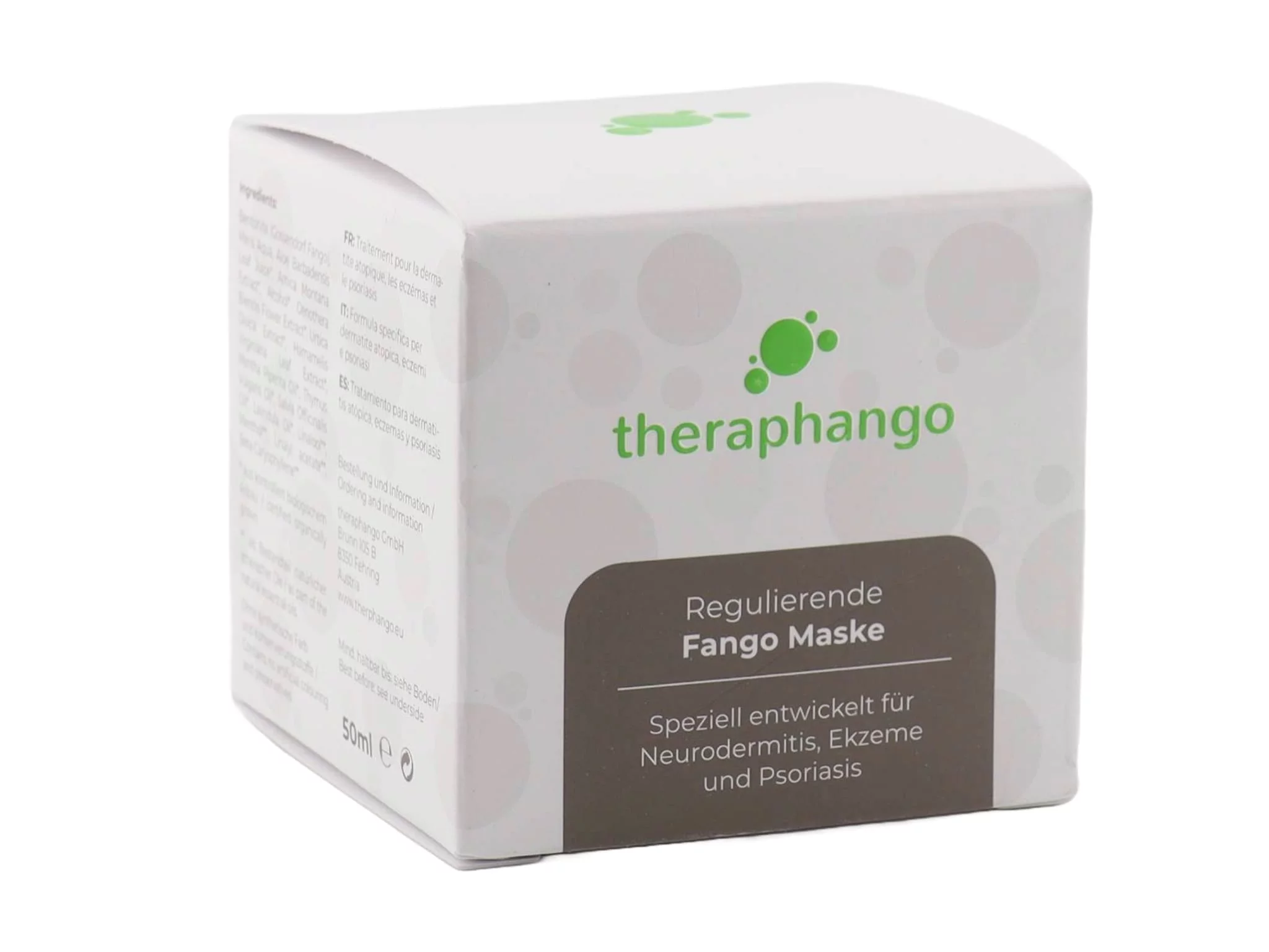 Regulating fango mask in a white folding carton with green theraphango logo