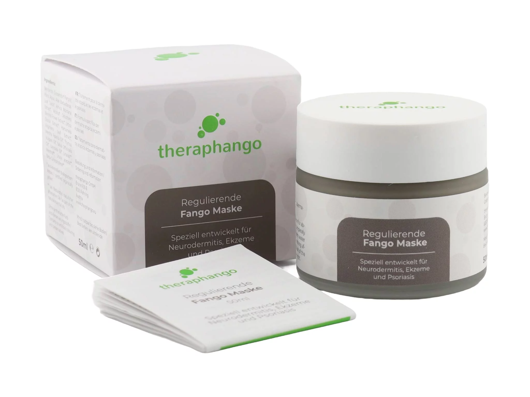 Regulating fango mask with jar, folding carton, and enclosed brochure