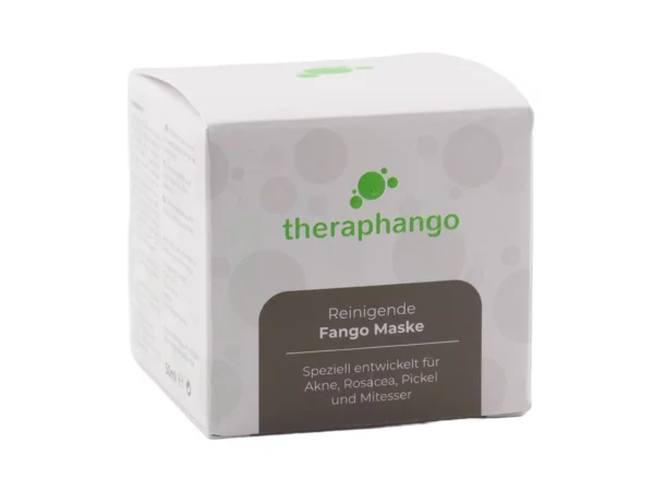 Masque de fango purifiant Theraphango dans une boîte pliante blanche, avec vue de face et de côté