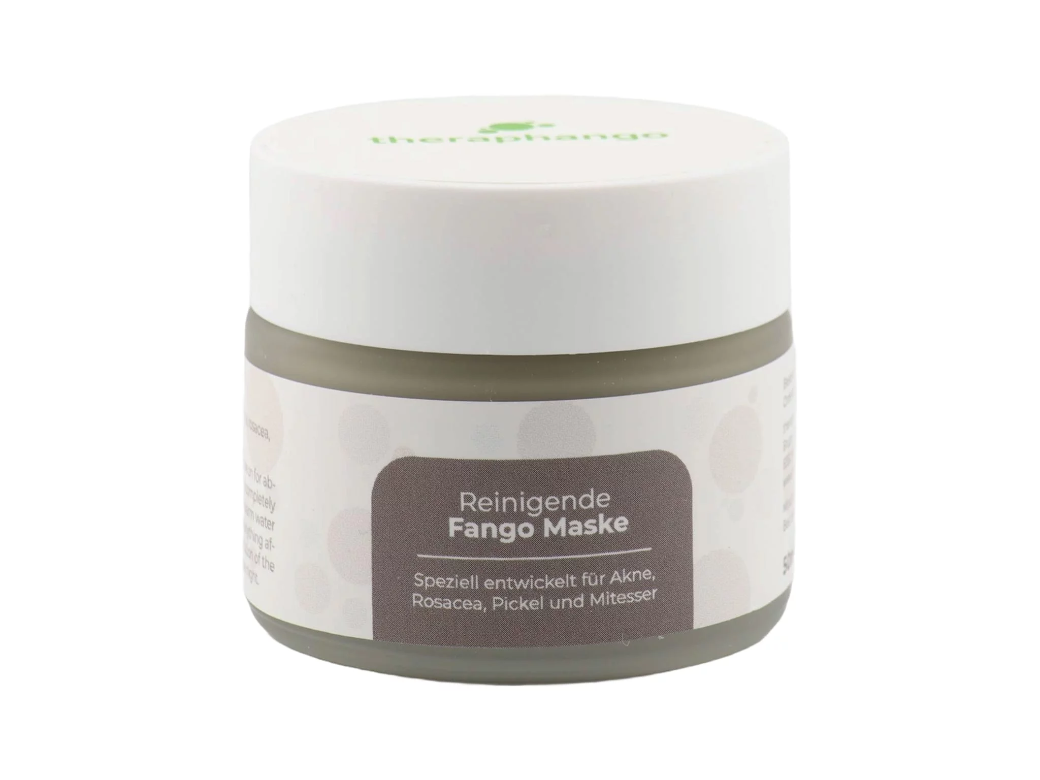Masque de fango purifiant Theraphango dans un pot rond avec couvercle à vis blanc, sur fond clair