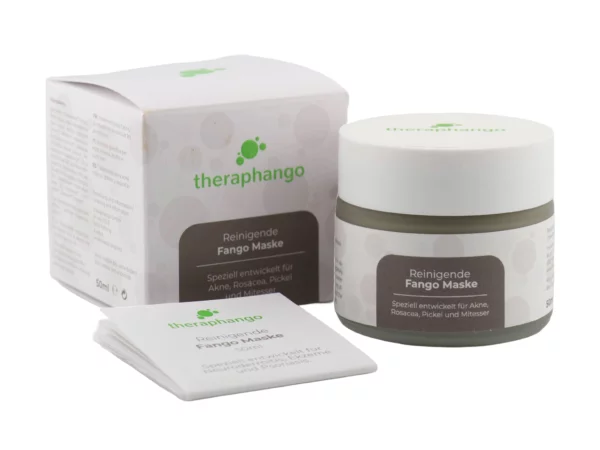 Theraphango Reinigende Fango Maske mit Tiegel, Faltschachtel und beiliegender Informationskarte