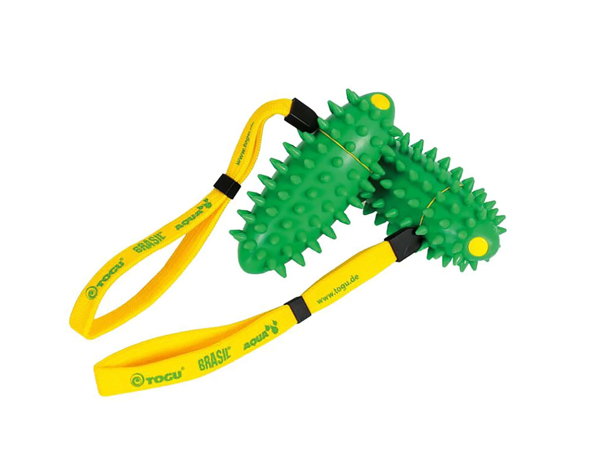 Togu Brasil Aqua Hand Trainer Set with two green nubbed dumbbells and yellow hand straps