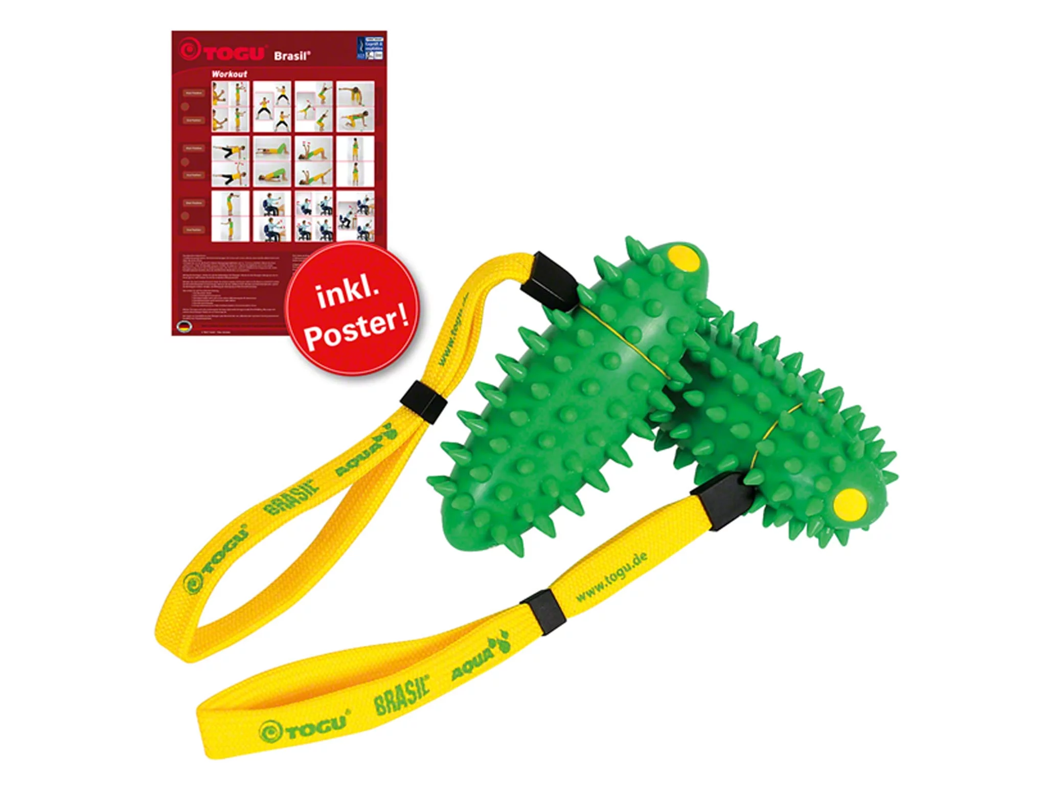Togu Brasil Aqua Hand Trainer with yellow straps and illustrated training poster