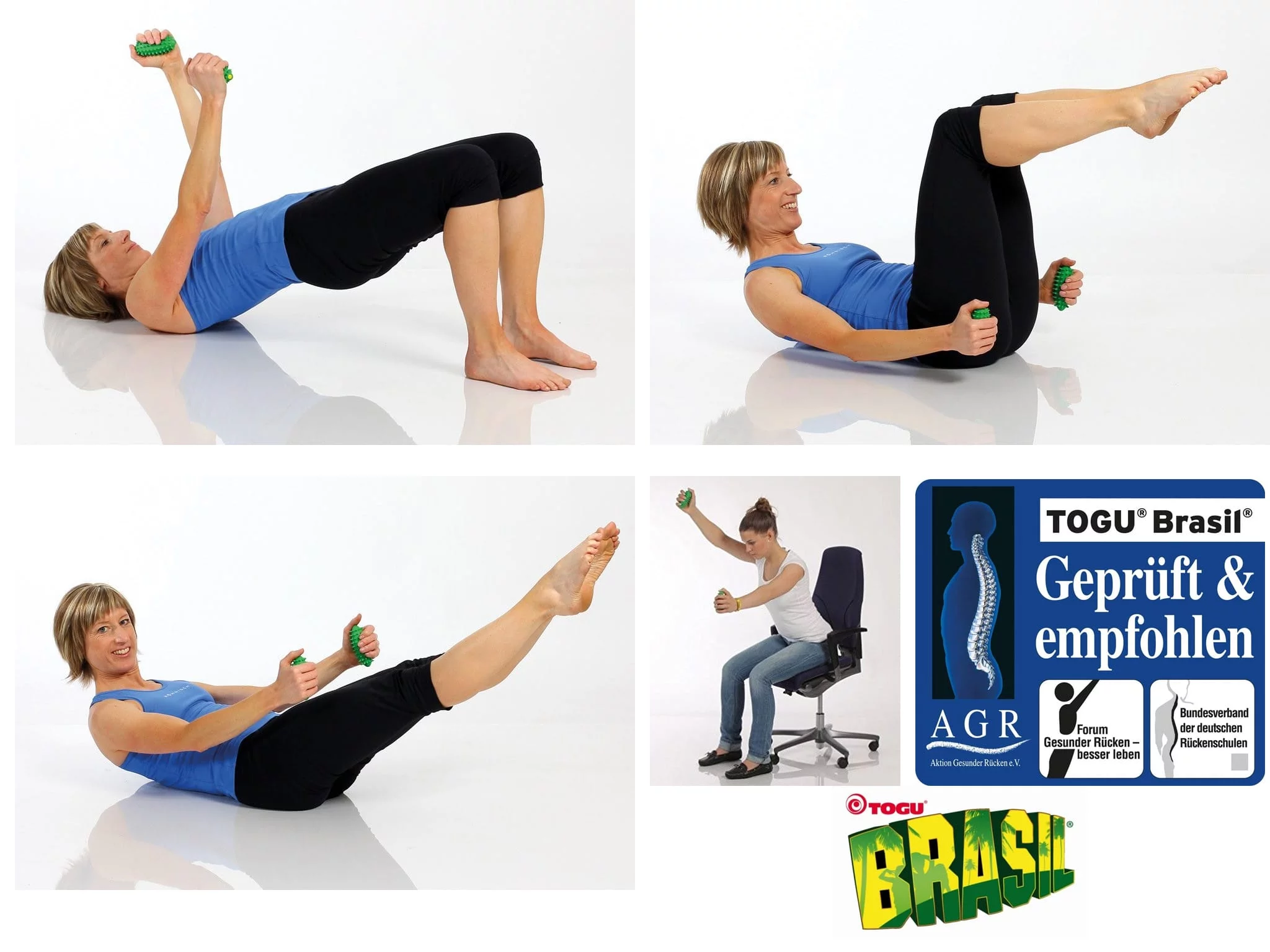 Togu Brasil Aqua Hand Trainer in several exercises for core and back on a light background